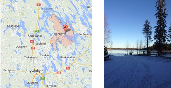 Location of the Konnevesi Research Station with respect to the main campus at Jyvaskyla. (Google maps).View of the lake from the animal house where the birds were housed.