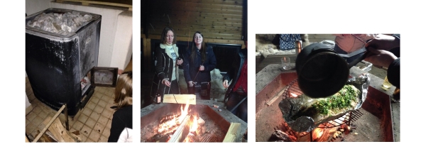 Heating the sauna;  Relaxing in the fire hut with a Masters student; Sini and preparing salmon on the stove.
